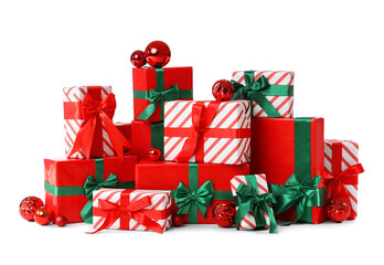 Many beautiful Christmas gift boxes with balls on white background