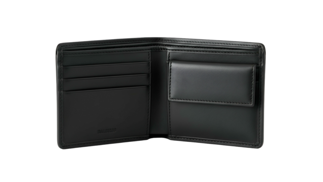 Open black leather bifold accessory displays internal compartments against a dark background