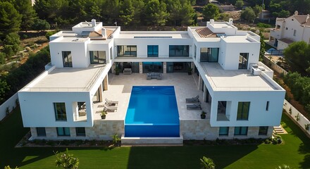 A drone shot looking straight down on a modern Spanish villa with a central courtyard and blue-tiled pool, symmetrical architecture