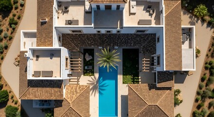 A drone shot looking straight down on a modern Spanish villa with a central courtyard and blue-tiled pool, symmetrical architecture