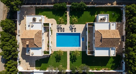 A drone shot looking straight down on a modern Spanish villa with a central courtyard and blue-tiled pool, symmetrical architecture