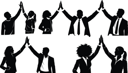 Silhouette, teamwork, high five, business people, casual clothing, celebration, success, unity, collaboration, support, dynamic pose, partnership, motivation, connection, achievement, group, 