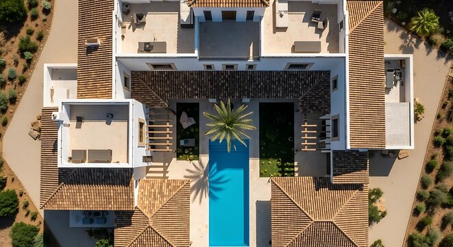 Fototapeta A drone shot looking straight down on a modern Spanish villa with a central courtyard and blue-tiled pool, symmetrical architecture