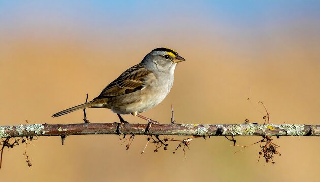 A small bird with a yellow head stripe perched on a brown branch