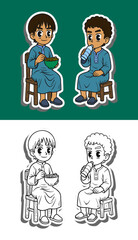 Cartoon muslim boys eating and drinking sticker set