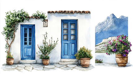 Fototapeta premium Mediterranean Coastal Village Street – Watercolor Seaside Houses with Colorful Facades and Flowering plants