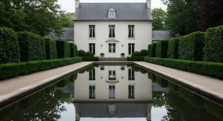 A geometric reflecting pool perfectly mirroring the clean lines of a modern French country home, surrounded by manicured boxwood hedges