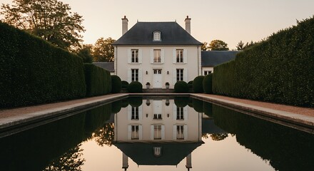 A geometric reflecting pool perfectly mirroring the clean lines of a modern French country home, surrounded by manicured boxwood hedges