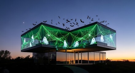 A glass and steel house where the only decoration is an impossibly complex, single-string laser light show creating spiderwebs