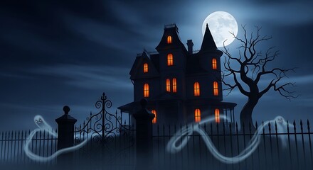 A haunted Queen Anne style house at midnight, crooked turrets, all windows are illuminated with a sinister orange candlelight flicker