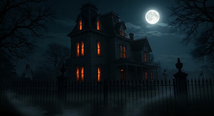 A haunted Queen Anne style house at midnight, crooked turrets, all windows are illuminated with a sinister orange candlelight flicker