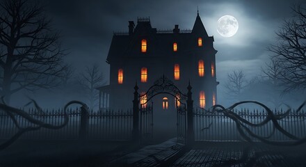 A haunted Queen Anne style house at midnight, crooked turrets, all windows are illuminated with a sinister orange candlelight flicker