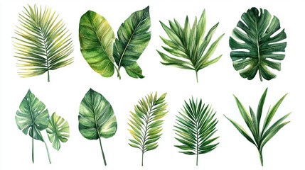Obraz premium Set Collection Watercolor tropical leaves Modern green tropical leaves, clip art Botanical Illustration elegant watercolor illustration , green tropical leaves