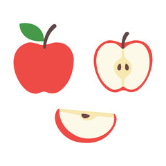 Red apple shown whole, halved, and sliced; displaying core and seeds.