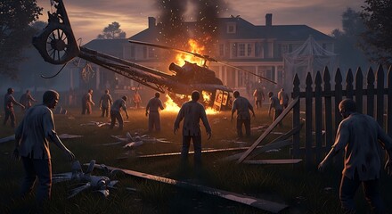 A helicopter crash scene in the backyard of a large house. Halloween zombie apocalypse theme. The wreckage is smoldering