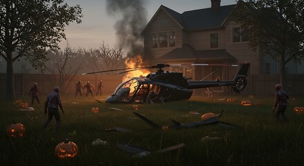 A helicopter crash scene in the backyard of a large house. Halloween zombie apocalypse theme. The wreckage is smoldering