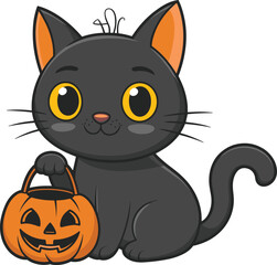 Halloween, black cat, cartoon, pumpkin bucket, jack-o'-lantern, spooky, festive, cute, yellow eyes, orange ears, celebration, holiday, trick-or-treat, feline, sitting pose, curled tail, playful, 