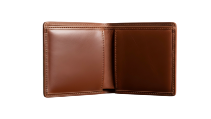 Open, empty bi-fold accessory featuring rich brown leather construction against a dark background.