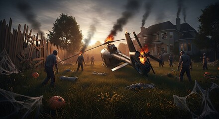 A helicopter crash scene in the backyard of a large house. Halloween zombie apocalypse theme. The wreckage is smoldering