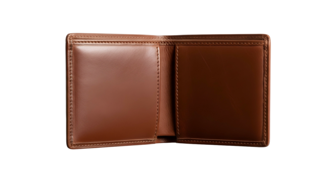 Open, empty bi-fold accessory featuring rich brown leather construction against a dark background.