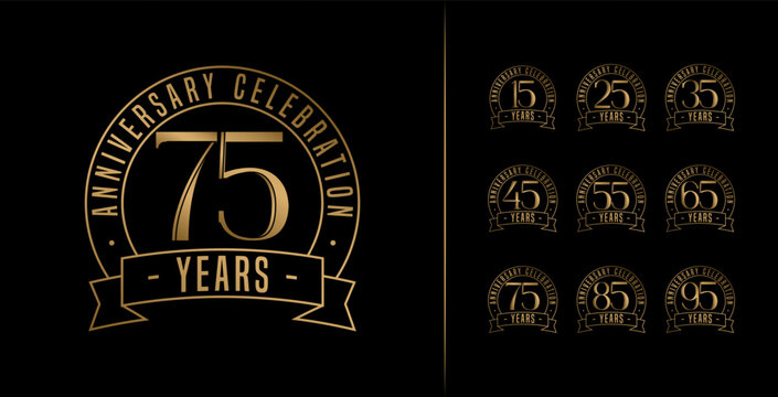 Luxury golden birthday number logo design. 15, 25, 35, 45, 55, 65, 75, 85, 95, anniversary symbol with ribbon and circle concept for celebration. Premium age celebrate vector template
