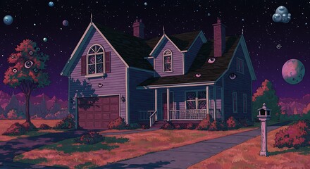A house at the end of a cul-de-sac that is a portal to a nightmare dimension, the colors are inverted and hypersaturated