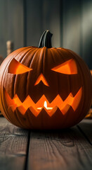 Carved Pumpkin Glowing with Candlelight on Wooden Surface