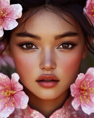 Close-Up Portrait of a Mongolian Person with Beautiful Flowers Surrounding the Face