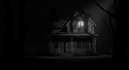 A house from a silent horror film, high contrast black and white, expressionist shadows that defy the light sources