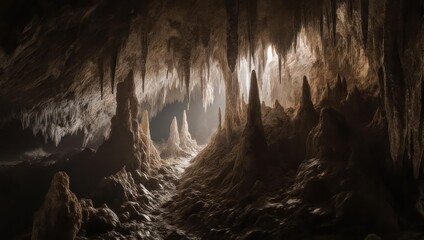 Fototapeta premium Cave interior, illuminated passage. Stalagmites, stalactites, rock formations