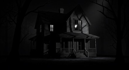 A house from a silent horror film, high contrast black and white, expressionist shadows that defy the light sources