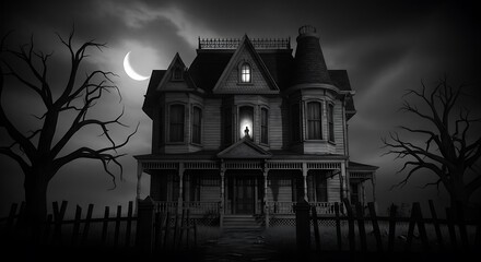 A house from a silent horror film, high contrast black and white, expressionist shadows that defy the light sources