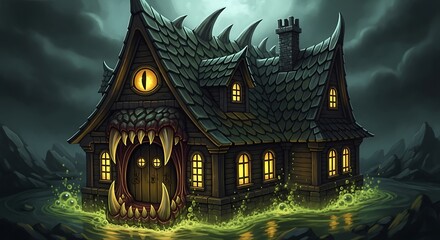 A house imagined as a legendary monster, the roof is a scaly back, the door is a mouth full of fangs, the windows are glowing eye