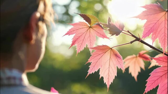 The video features a close up view of vibrant, pink tinged maple leaves illuminated by warm sunlight, creating a soft glow and highlighting their detailed veins and edges