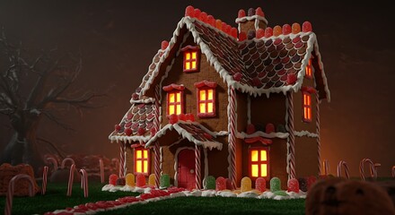 A house made entirely of candy and sweets for Halloween, gingerbread walls, licorice roof supports