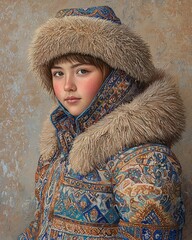 Close-Up Portrait of a Young Mongolian Person in Traditional Fur-Lined Jacket