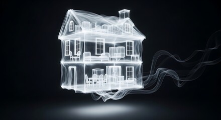 A house made of translucent, glowing ectoplasm, faint outlines of furniture visible within, wisps of spirit energy drift away