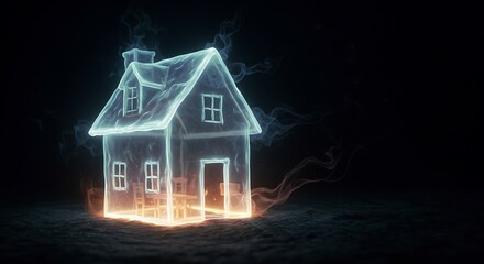 A house made of translucent, glowing ectoplasm, faint outlines of furniture visible within, wisps of spirit energy drift away