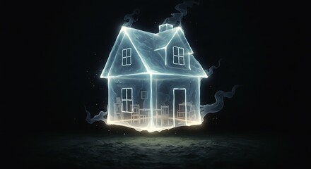 A house made of translucent, glowing ectoplasm, faint outlines of furniture visible within, wisps of spirit energy drift away