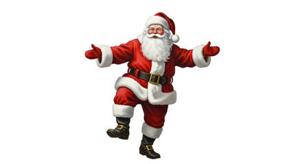 A cheerful Santa Claus in his iconic red suit, with a white beard, is striking a pose with his arms outstretched.