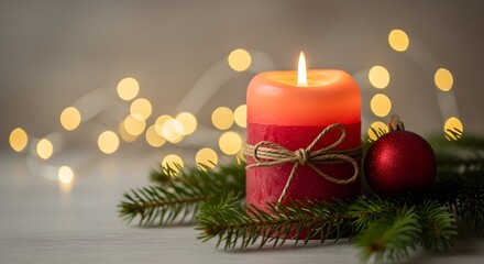 A festive red candle with pine branches and a glittery ornament glows against warm bokeh lights for a cozy holiday scene