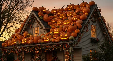 A house where the entire roof is a cascading patch of different sized pumpkins and gourds, some carved