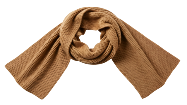Knitted camel colored neckwear accessory displayed against a dark background