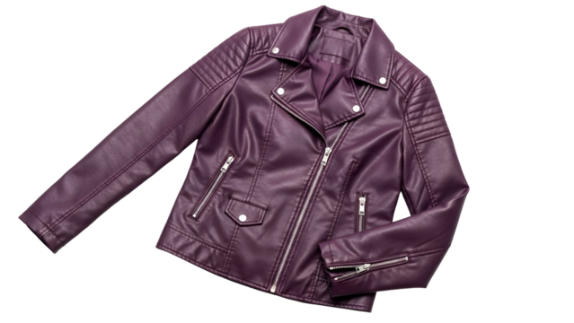 Purple faux leather motorcycle style jacket displayed on a solid black background
