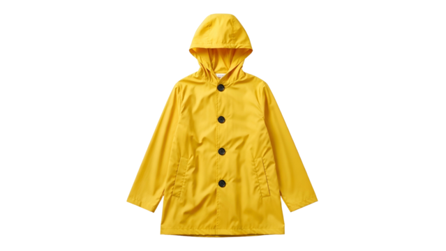 Bright yellow hooded outer garment with dark buttons isolated against a solid dark background