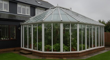 A biodome conservatory attached to a sleek modern British home, filled with lush tropical plants, glass and steel structure