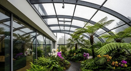 A biodome conservatory attached to a sleek modern British home, filled with lush tropical plants, glass and steel structure