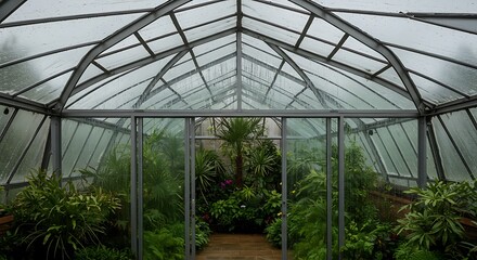 A biodome conservatory attached to a sleek modern British home, filled with lush tropical plants, glass and steel structure