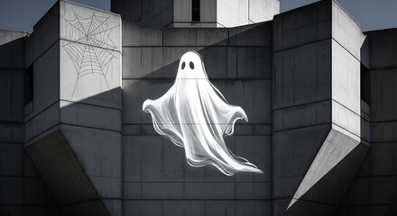 A brutalist concrete structure, its stark geometry interrupted only by a single, massive, perfectly projected animated ghost that moves across the surface