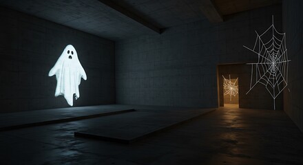 A brutalist concrete structure, its stark geometry interrupted only by a single, massive, perfectly projected animated ghost that moves across the surface